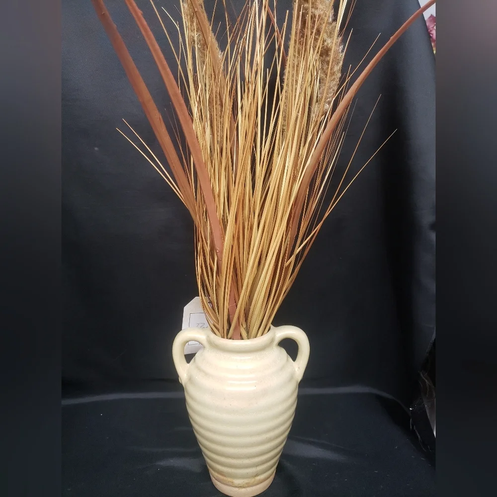 NWT Neutral Tan Crackle Glaze Ceramic Vase with Dried Floral Arrangement